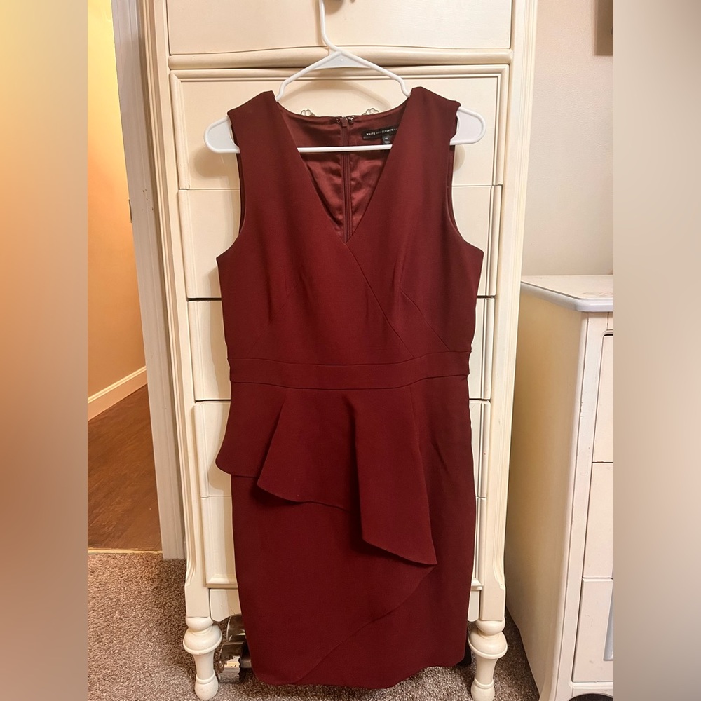 White House Black Market Wine Colored Peplum Cocktail Dress (Size 10)